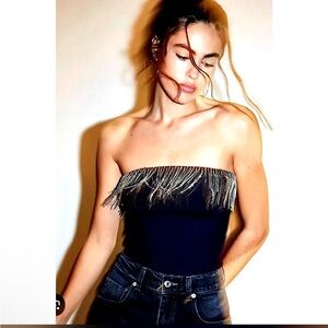 Free People Black Strapless Bodysuit with Fringe